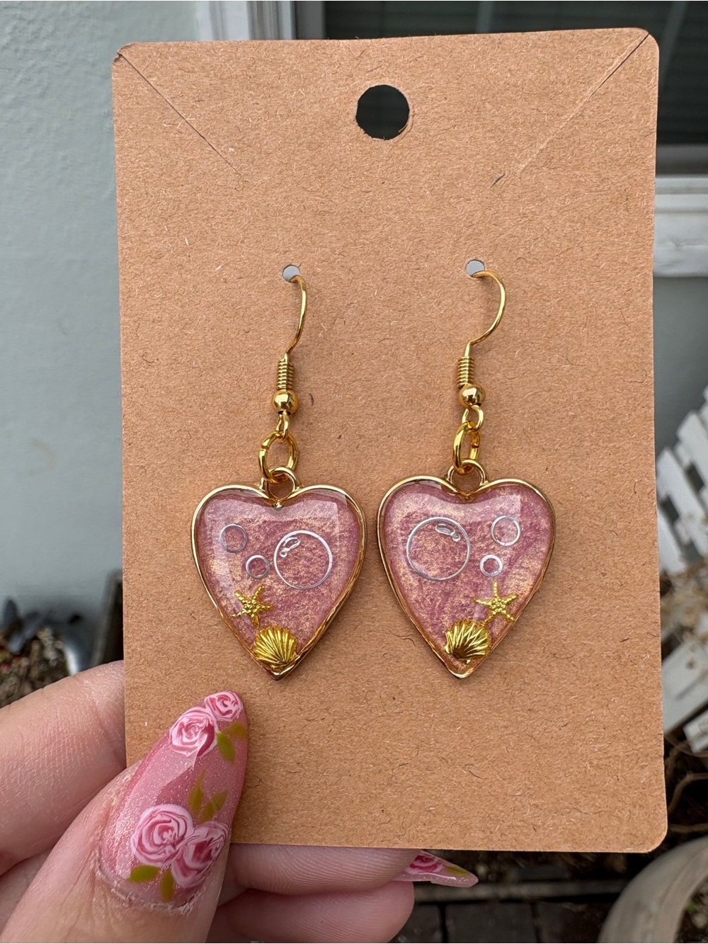 Hand Crafted Pink Heart Drop Earrings with Gold Shell Accents
